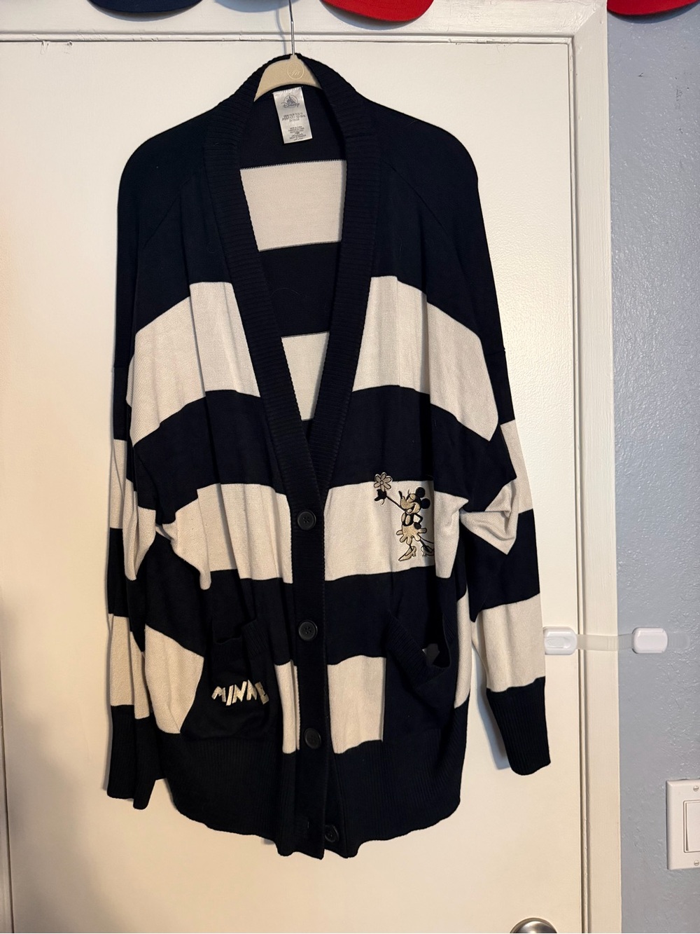 Disney Minnie Black and Cream Striped Cardigan Sweater with Embroidered Detail